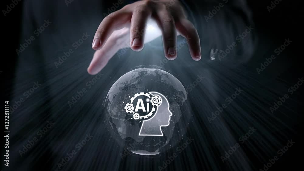 Poster human interact with ai artificial intelligence brain processor in concept of ai artificial intellige
