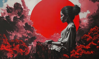 Dark haired woman in profile, red background, dramatic contrast.