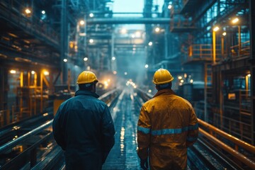 Engineers Discussing Setup in Modern Industrial Factory with Safety Helmets and Bright Lighting