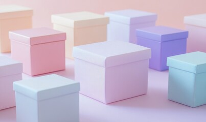 Fototapeta premium Colorful pastel boxes arranged on a light pink background surface.