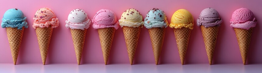 Colorful Display of Ice Cream Cones with Various Flavors in a Symmetrical Line
