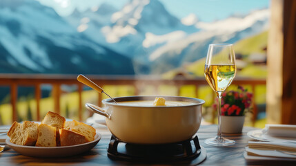 A table is set at a Swiss alpine restaurant featuring a pot of fondue, fresh bread, and a glass of white wine. Scenic mountains rise in the background under a clear sky