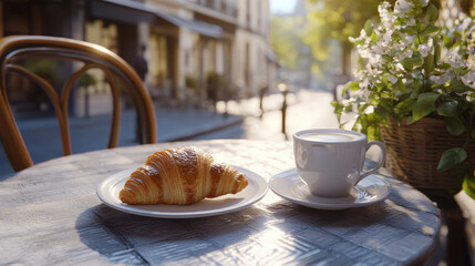 Enjoying a fresh croissant alongside a cup of coffee at a cozy Parisian cafe table. The warm morning sunlight enhances the inviting atmosphere of the bustling street