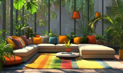 Bright room with plants, colorful furniture, windows, vibrant atmosphere.