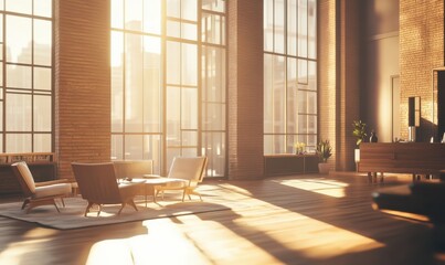 Sunlit spacious room with large windows, modern furniture, and plants.
