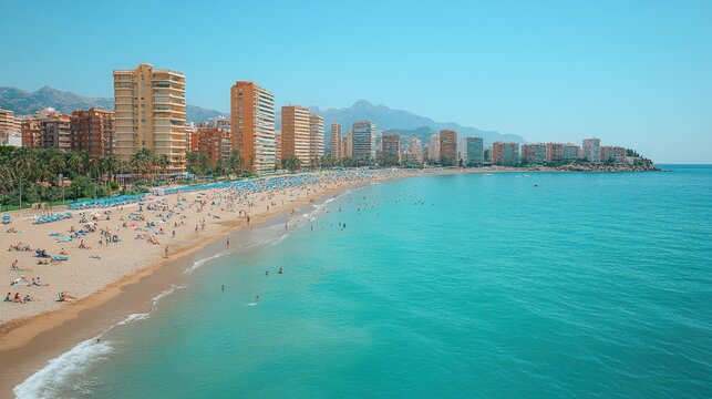 Crowds enjoy a sunny day at the beach in Malaga, Spain, where families relax on the sand, swim in the turquoise water, and admire the towering buildings along the coastline