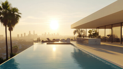 Luxurious Hollywood villa features sleek design with an infinity pool. Stunning sunset casts a golden glow over the Los Angeles skyline, creating a serene atmosphere for relaxation