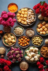 Colorful Arrangement of Traditional Sweets and Flowers in Bowls for Celebrations and Festivals