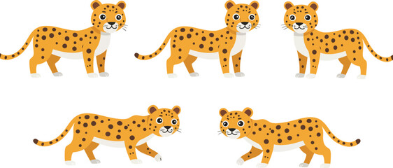 Obraz premium Detailed illustration of playful leopards in various poses, flat vector art