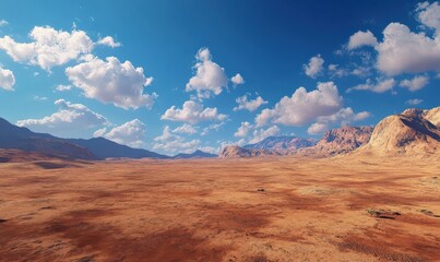 Fototapeta premium Wide open desert landscape with red rock formations under a vibrant blue sky, symbolizing adventure and untamed beauty.