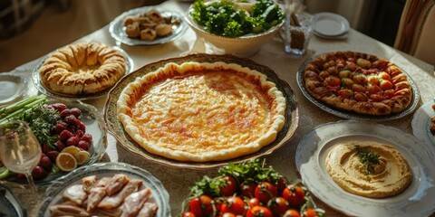 Festive Table Spread with Pizza, Quiche, and Hummus