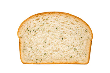 Slice of bread with a green herb on it, isolated
