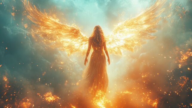 A radiant angelic figure is seen descending from the heavens, with fiery wings extending gracefully. The backdrop features swirling clouds and an ethereal glow, illuminating the surroundings - Powered by Adobe