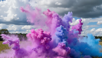 Fototapeta premium Colorful powder explosion against a stormy sky, vibrant creativity