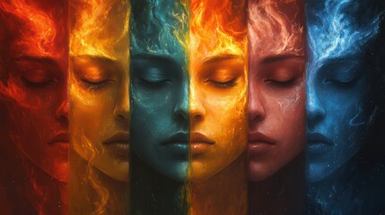 A series of serene faces illuminated by vibrant colors embodies the essence of spiritual awakening. Each face reflects a unique emotional state, symbolizing transformation