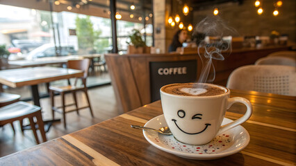 Fototapeta premium warm cup of cappuccino coffee with smiley face design sits on the wooden surface with blurred cafe background