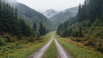 Fototapeta premium Misty mountain road, autumn valley, trees, fog. Use Travel brochure
