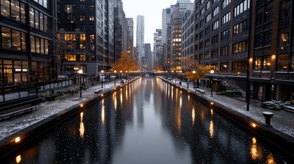 Fototapeta premium Snowy city canal, evening lights, reflections, winter urban scene
