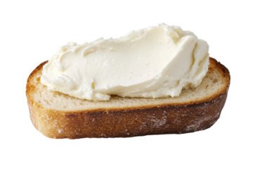 Slice of bread with a white spread on it, isolated