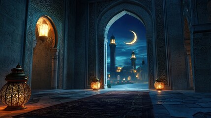 Mystical night scene with lanterns and moon ancient city digital art serene environment low angle view cultural essence