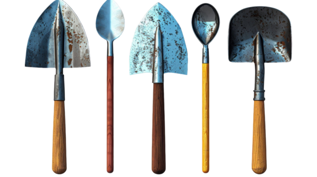 Collection of various gardening tools arranged neatly, showcasing their unique designs and wear