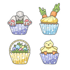 Easter cute vector cupcakes set. Hand drawn sweet bakery with easter eggs, chicken, carrot and bunny in pastel colors. Perfect for greeting card and party invitation. Isolated on white