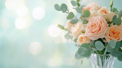 Delicate peach roses nestled with silvery eucalyptus in crystal vase, soft bokeh background highlighting elegant floral composition for romantic wedding decor