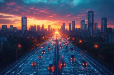 Fototapeta premium Futuristic Cyberpunk Cityscape with Highway Trucks and Digital Patterns