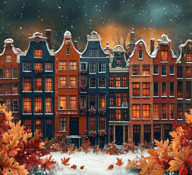 Whimsical Colorful Buildings Inspired by Dutch Architecture with Candy Canes and Festive Leaves in a Cozy Winter Scene