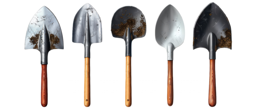 Collection of various garden shovels showcasing different designs and conditions, ideal for gardening