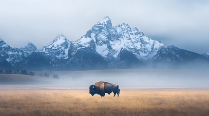 Majestic Bison Standing in a Foggy Meadow with Mountain Backdrop