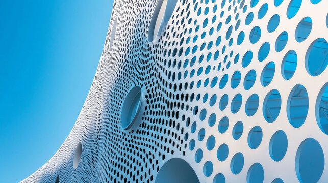 The striking wall of a contemporary building showcases intricate circular cutouts, reflecting sunlight. Surrounded by a vibrant blue sky, the design evokes a sense of modern elegance and creativity