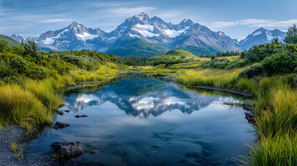 Majestic mountain reflection in calm lake, serene valley