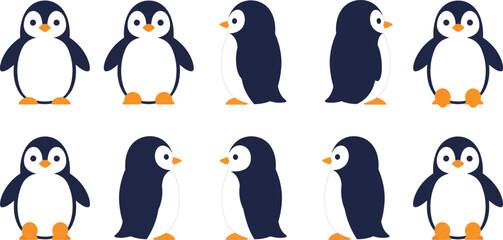 Obraz premium Cute penguins in various poses illustrated in flat vector art style showcasing playful movements and expressions vector illustration