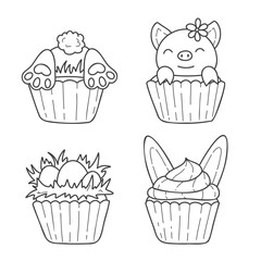 Set of doodle vector illustrations for Easter day. Cute Easter cupcakes with piglet, chick, eggs, bunny. Easter child coloring page
