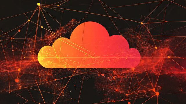 Abstract design featuring a cloud structure with vibrant orange and red hues against a dark backdrop