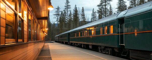 Train station at dusk with vintage train cars and surrounding trees.
