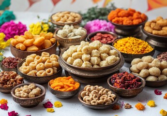 Colorful assortment of traditional Indian snacks and sweets arranged beautifully in decorative bowls on a festive background for celebration and enjoyment