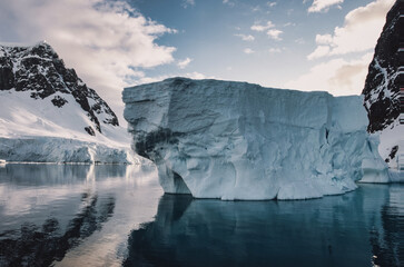 Antarctic Peninsula: Snowy peaks, icebergs, cloudy sky. Lemaire Channel