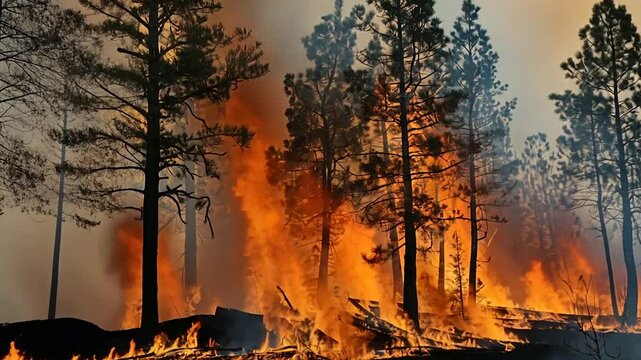 Flames engulf a forest, thick smoke rising as fire spreads unpredictably