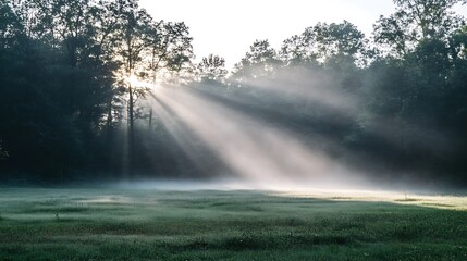 Sunbeams Illuminate Misty Meadow Through Forest Trees
