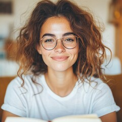 Obraz premium Young woman with curly hair and glasses smiles gently while holding a book. Soft, natural light illuminates her face, creating a warm and inviting mood.