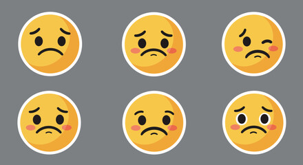 Six emoji faces displaying emotions in a flat design vector illustration