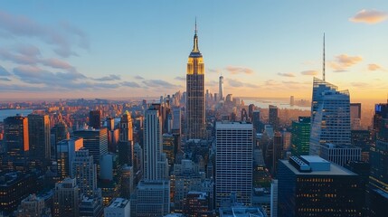 Fototapeta premium Stunning Aerial View of Manhattan Skyline at Sunset in New York City