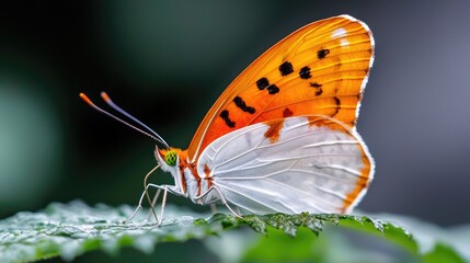Fototapeta premium Orange butterfly on leaf, vibrant nature background, wildlife photography, nature print