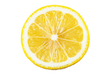 Slice of lemon is shown on a white background, isolated