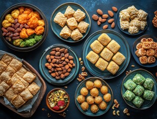 Colorful assortment of traditional sweets and snacks on blue plates including nuts, mini pastries, and unique confections suitable for festive occasions