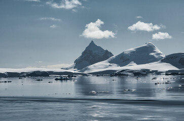 Antarctic Peninsula: Snowy peaks, icebergs, cloudy sky. Lemaire Channel