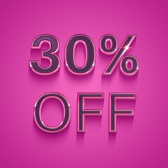 30% off, discount, 3d letters on pink background, 3d rendering