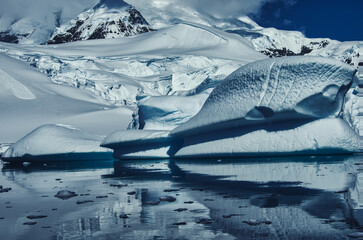 Antarctic Peninsula: Snowy peaks, icebergs, cloudy sky. Lemaire Channel